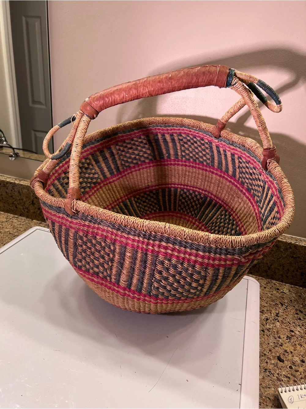 Handwoven Ghana Bolga Pink Green Natural Straw Market Basket - Home Accents